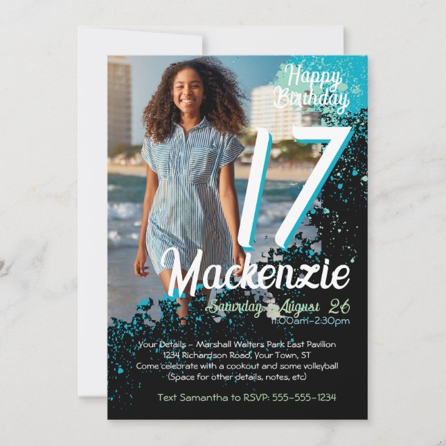 Invitation Turquoise peinture Splatter Photo 17e anniversaire (Devant)