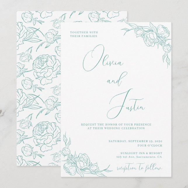 Invitation Turquoise Peony Elegance Mariage (Devant / Derrière)