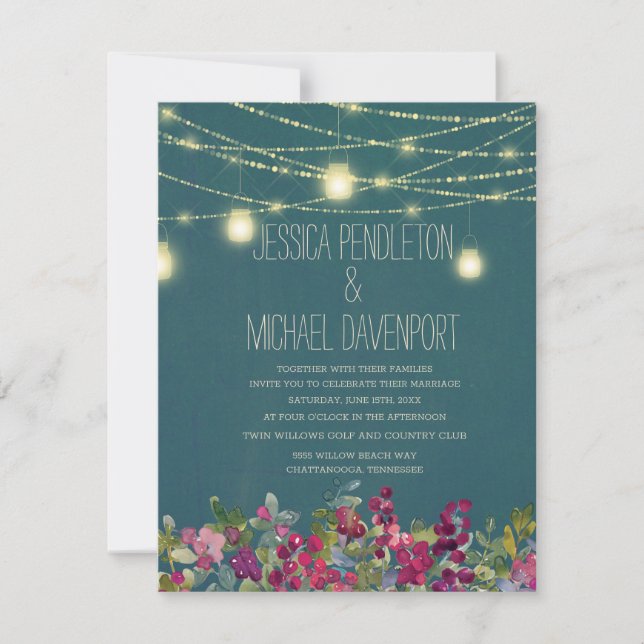 Invitation Turquoise Plum violet à cordes florales Mariage (Devant)