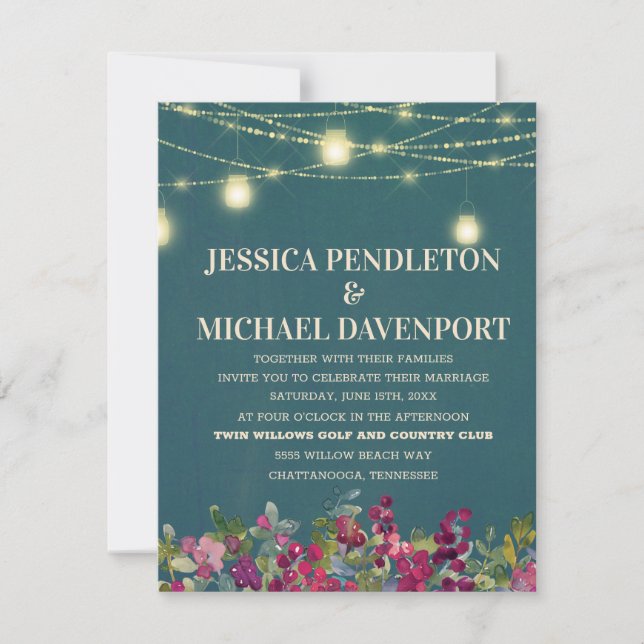 Invitation Turquoise Plum violet à cordes florales Mariage (Devant)