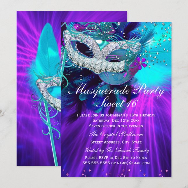 Invitation Turquoise Plumes violettes masquées fête masquée (Devant / Derrière)