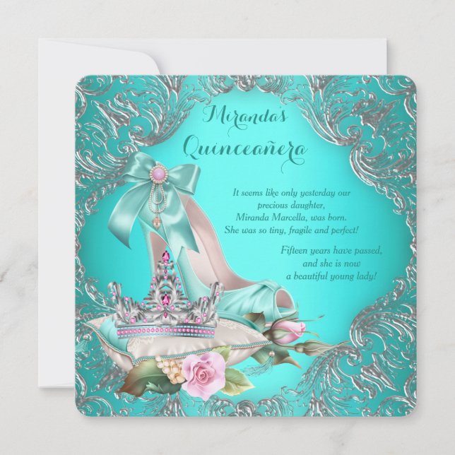 Invitation Turquoise Princesse Bleue Tiara Quinceanera (Devant)