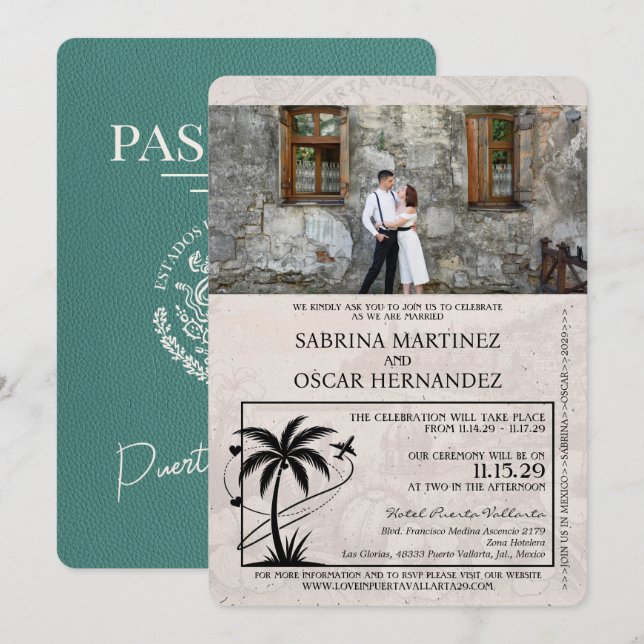 Invitation Turquoise Puerta Vallarta Mariage de passeport (Devant / Derrière)