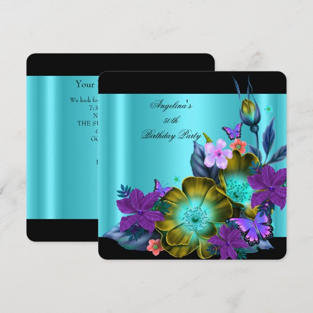 Invitation Turquoise Purple Floral Black Gold fête d'annivers (Devant / Derrière)