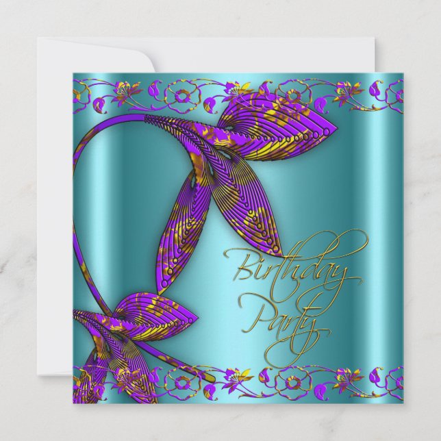 Invitation Turquoise Purple Gold Floral fête d'anniversaire (Devant)