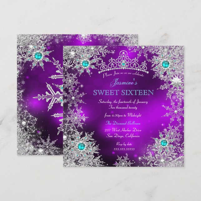 Invitation Turquoise Purple Winter Wonderland Sweet 16 Snowfl (Devant / Derrière)