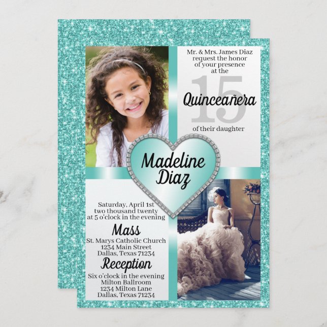 Invitation Turquoise Quinceañera 15 Cumpleaños (Devant / Derrière)