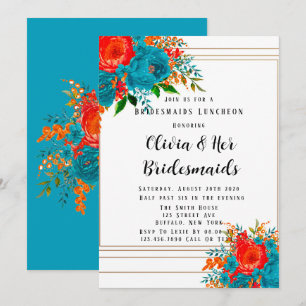 Invitation Turquoise Red Orange Floral Bridesmaiers Luncheon