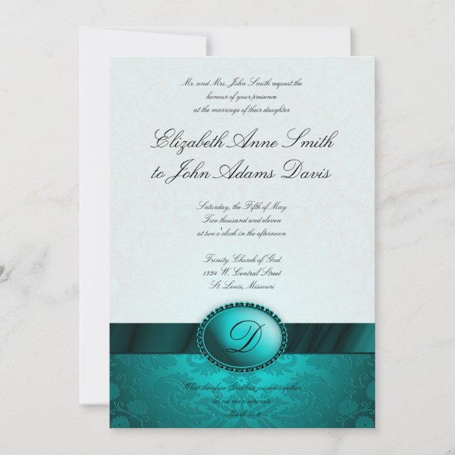 Invitation Turquoise Ribbon Mariage damassé (Devant)