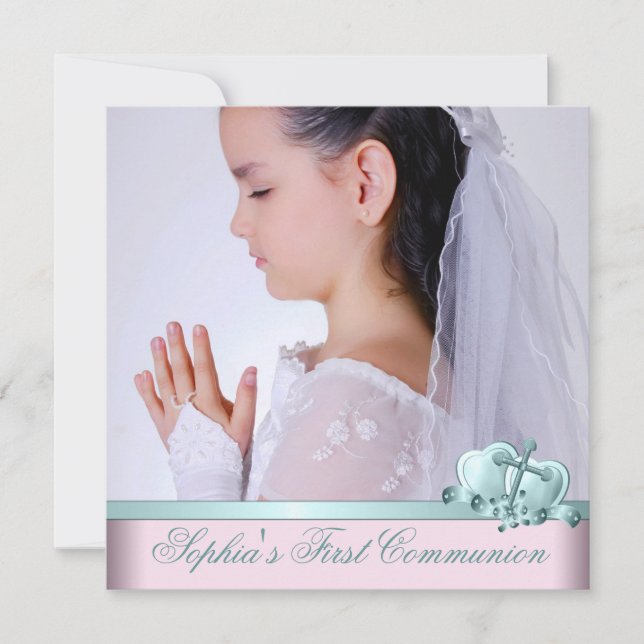 Invitation Turquoise rose bleu photo première communion Invit (Devant)