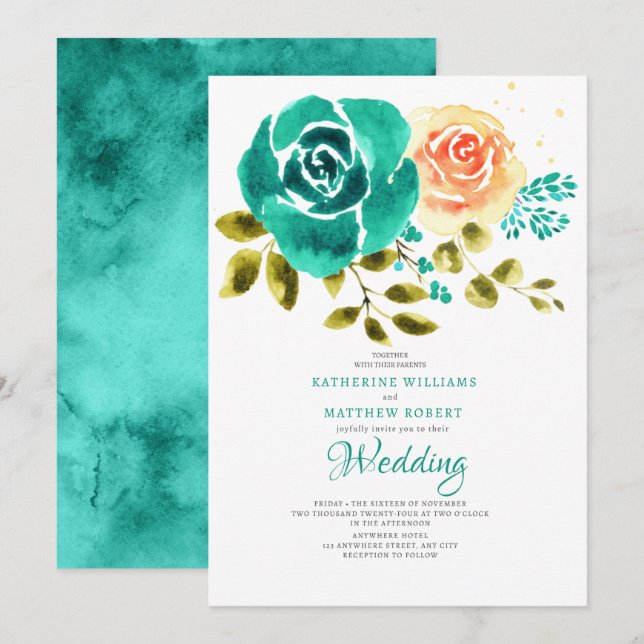Invitation Turquoise Rose de pêche Floral Mariage (Devant / Derrière)