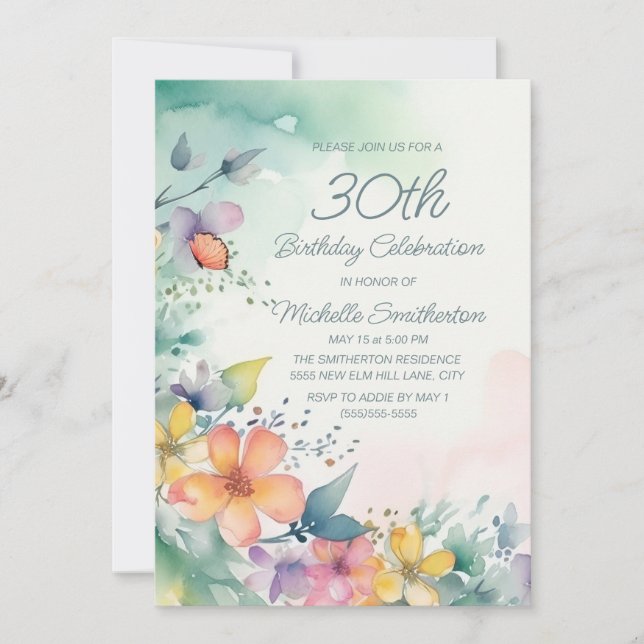 Invitation Turquoise rose jaune Aquarelle Fleurs 30e annivers (Devant)