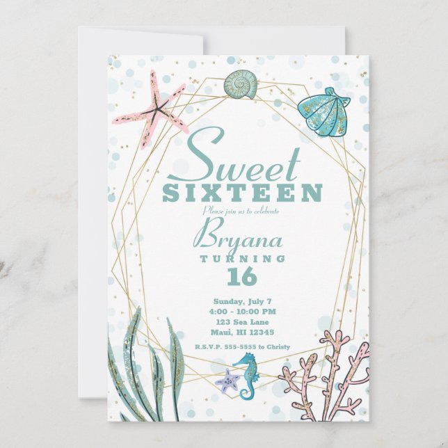 Invitation Turquoise & rose sous la mer Whimsical Sweet 16 Pa (Devant)
