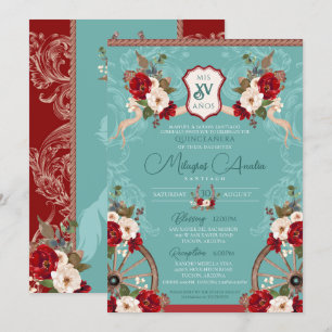 Invitation Turquoise & Rouge Élégant Baroque Charra Quinceañe