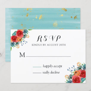 Invitation Turquoise rouge orange aquarelle Roses mariage RSV