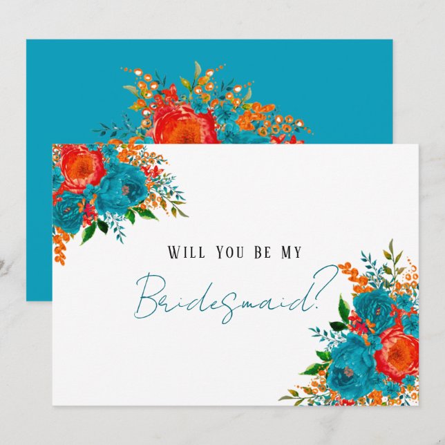 Invitation Turquoise Rouge Orange Floral Serez-Vous Ma Femme  (Devant / Derrière)