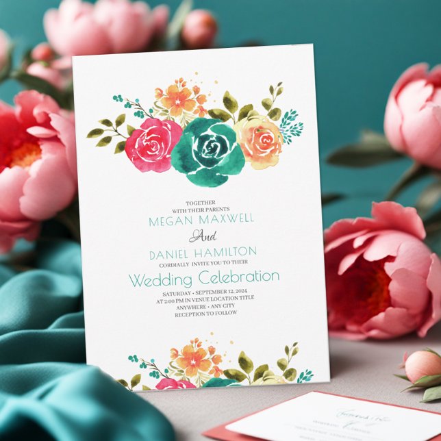 Invitation Turquoise rouge orange Roses Boho Mariage floral (Créateur téléchargé)