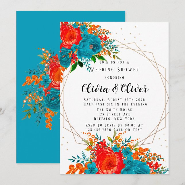 Invitation Turquoise rouge orange Wedding shower botanique (Devant / Derrière)
