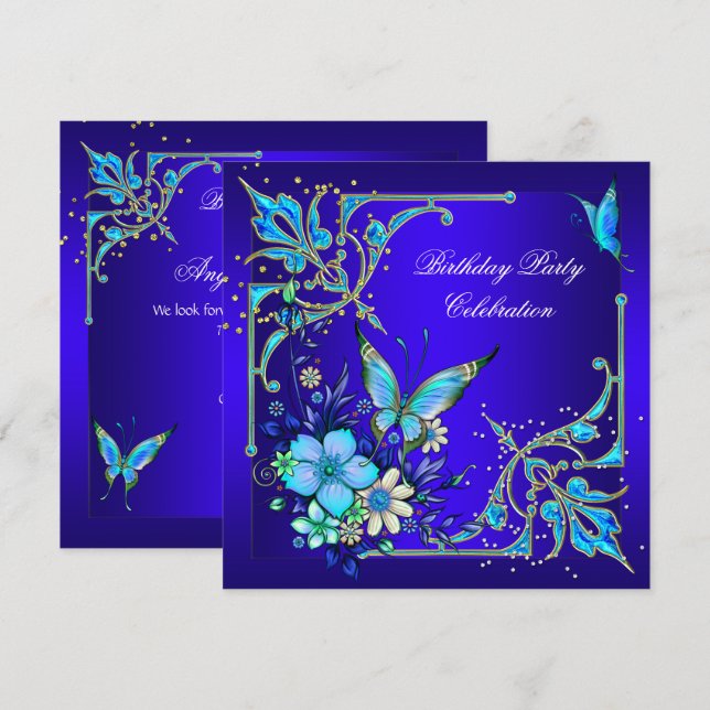 Invitation Turquoise Royal Blue Butterfly fête d'anniversaire (Devant / Derrière)
