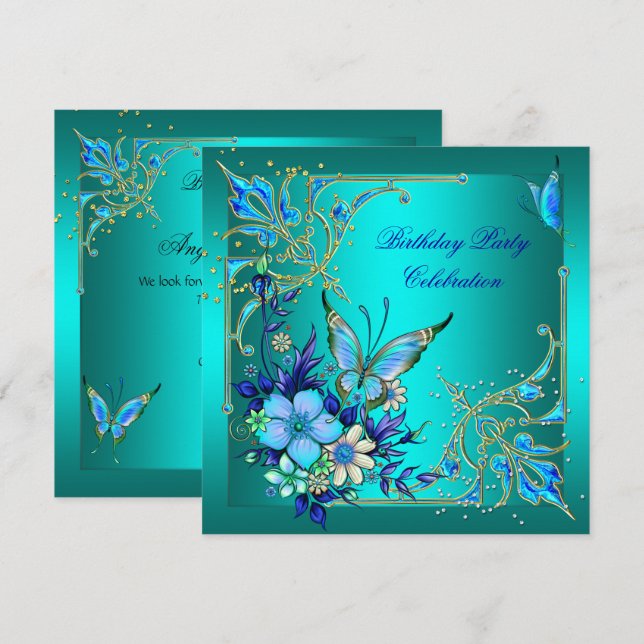 Invitation Turquoise Royal Blue Butterfly fête d'anniversaire (Devant / Derrière)