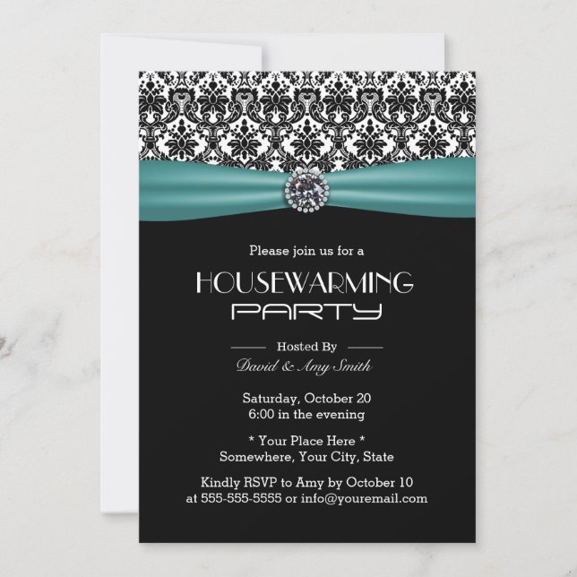 Invitation Turquoise Ruban Élégant Damask House Party (Devant)
