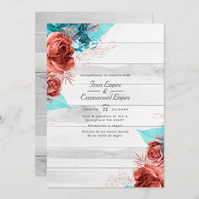Invitation Turquoise rustique et Mariage floral de corail (Devant / Derrière)