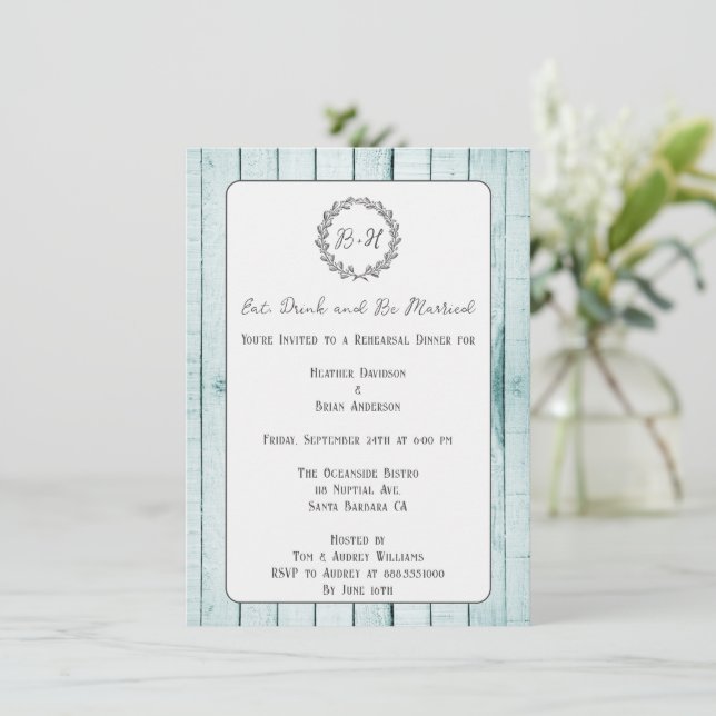 Invitation Turquoise Rustique Monogramme Répétition Dîner Inv (Debout devant)