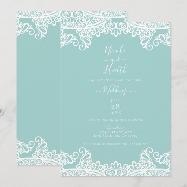 Invitation Turquoise Sarcelle Blanc Dentelle Élégant Mariage  (Devant / Derrière)