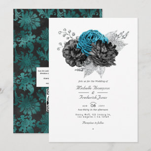 Invitation Turquoise - Sarcelle Mariage Floral Noir et Argent