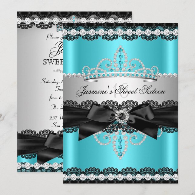 Invitation Turquoise Silver Black Lace Sweet 16 Anniversaire  (Devant / Derrière)