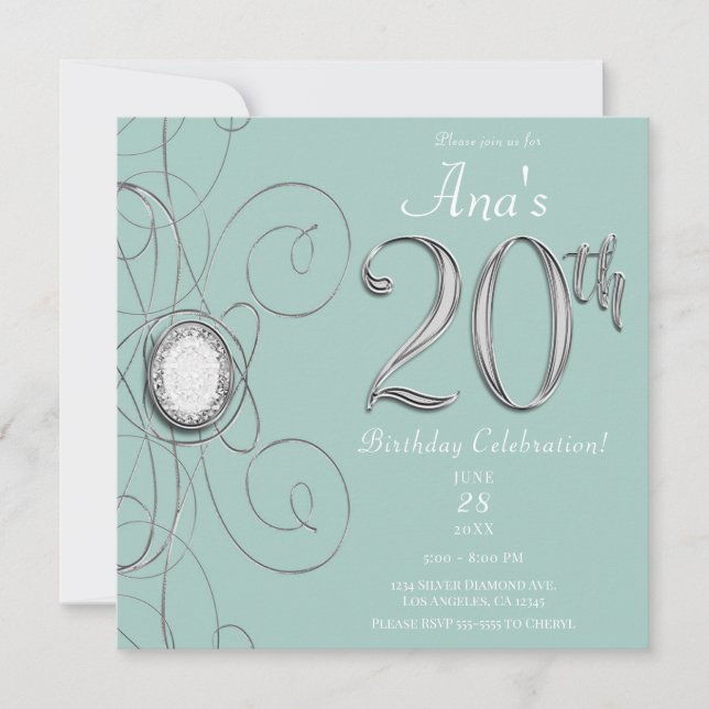 Invitation Turquoise Silver Diamond 20 20e fête d'anniversair (Devant)
