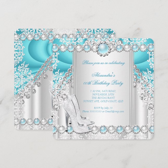 Invitation Turquoise Silver High Heels Pearthday Party 2 (Devant / Derrière)