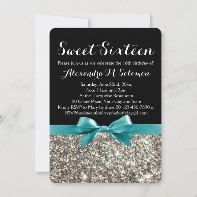 Invitation Turquoise Silver Parties scintillant Sweet 16 Part (Devant)
