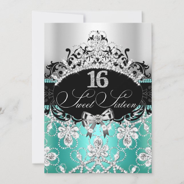 Invitation Turquoise Silver Sweet 16 Sparkle Tiara Anniversai (Devant)