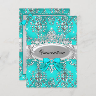 Invitation Turquoise Silver Tiara Damask Quinceanera Invitati