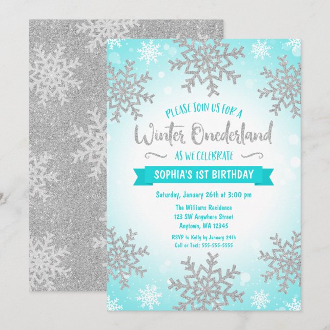 Invitation Turquoise Silver Winter ONE derland 1er anniversai (Devant / Derrière)