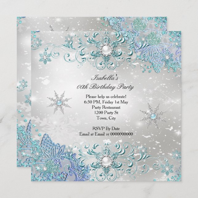 Invitation Turquoise Silver Winter Wonderland Snowflakes Part (Devant / Derrière)