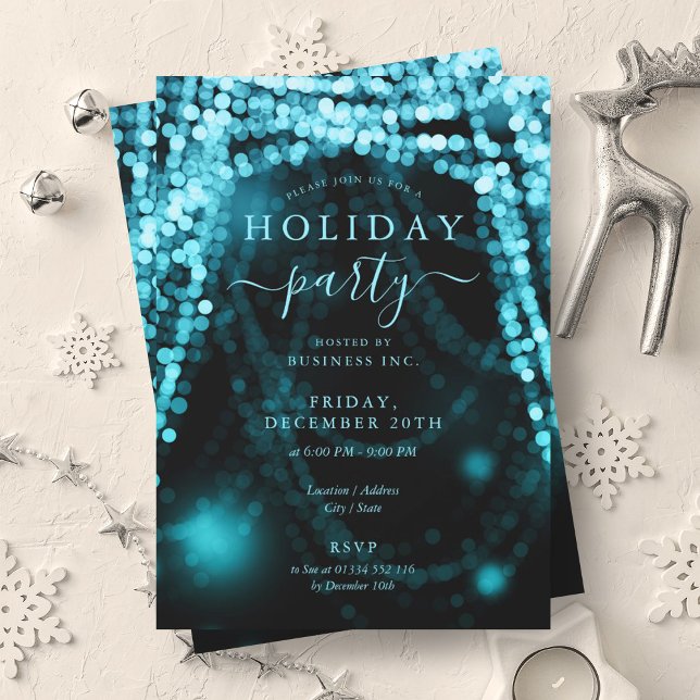 Invitation Turquoise Société Fête de Vacances (Turquoise Company Holiday Party String Lights Invitation)