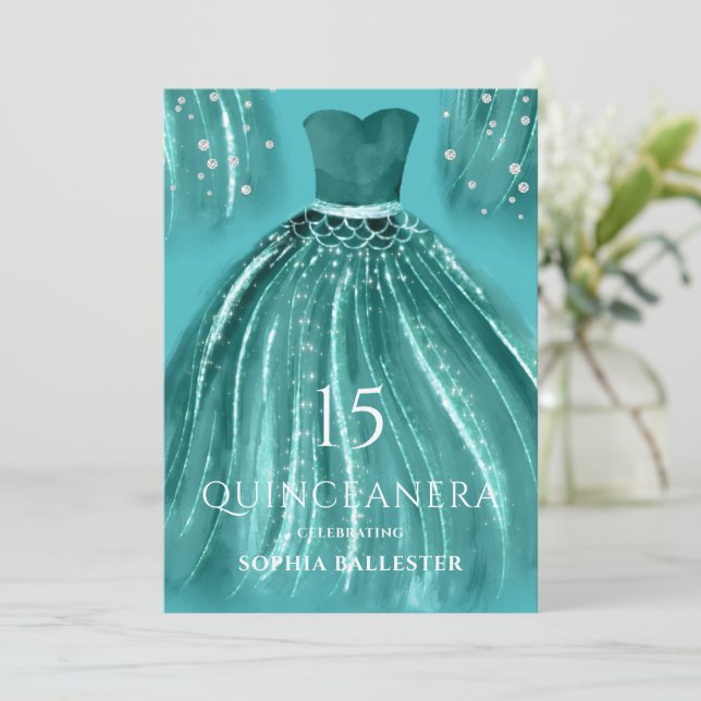 Invitation Turquoise sous la robe de sirène de mer Quinceaner (Debout devant)