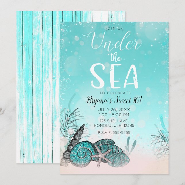 Invitation Turquoise sous le Sea Shells Beach Sweet 16 Party (Devant / Derrière)