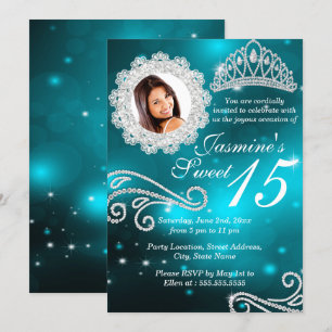 Invitation Turquoise Sparkle Diamond Tiara Photo Quinceanera