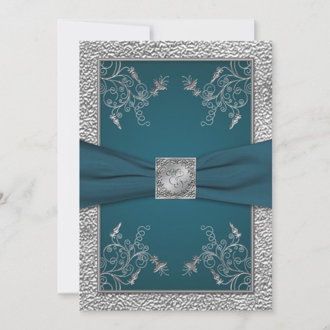 Invitation Turquoise sur FAUX Pewter Monogram Mariage Invitat (Devant)