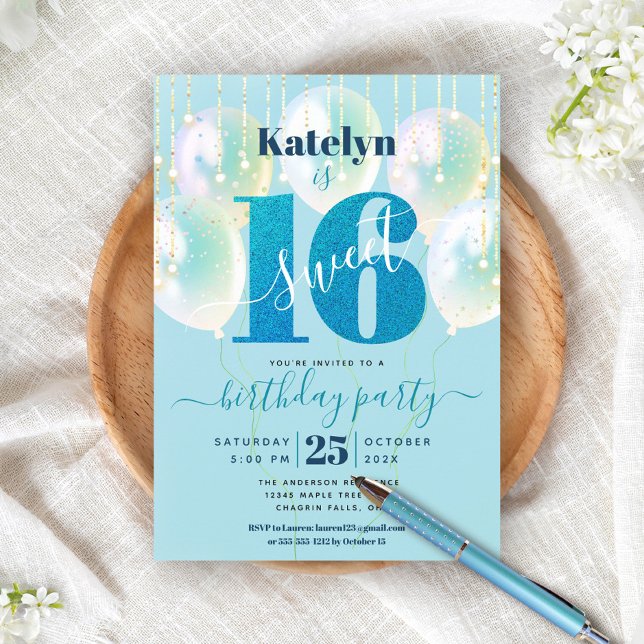 Invitation Turquoise Sweet 16 Anniversaire Ballons Parties sc (Créateur téléchargé)