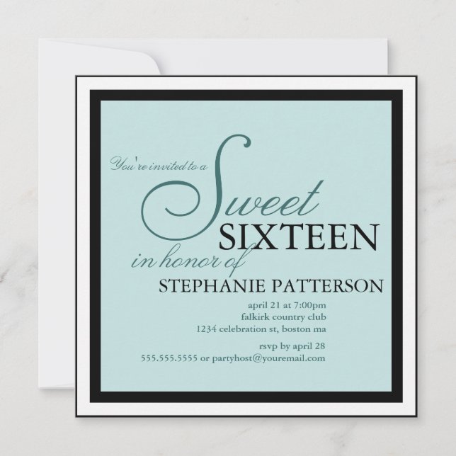 Invitation Turquoise Sweet sixteen élégante (Devant)