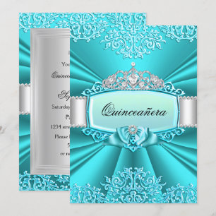 Invitation turquoise Tiara Damask Quinceanera
