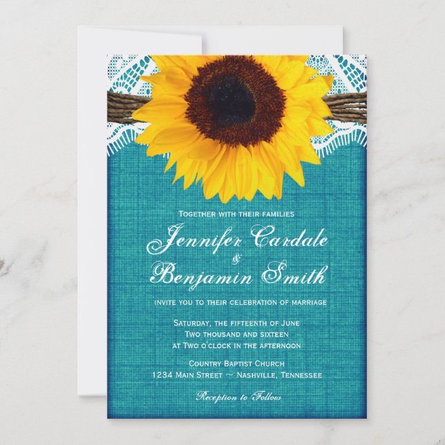 Invitation Turquoise tournesol Mariage campagnard rustique In (Devant)