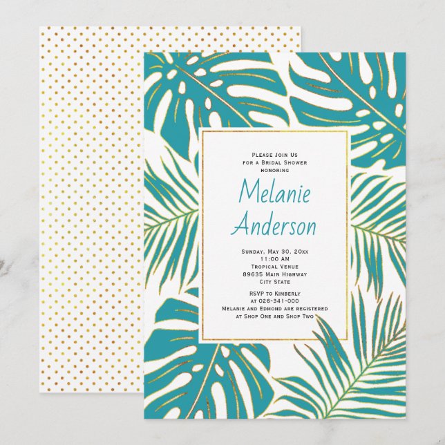 Invitation Turquoise tropicale feuille mariage nuptiale (Devant / Derrière)