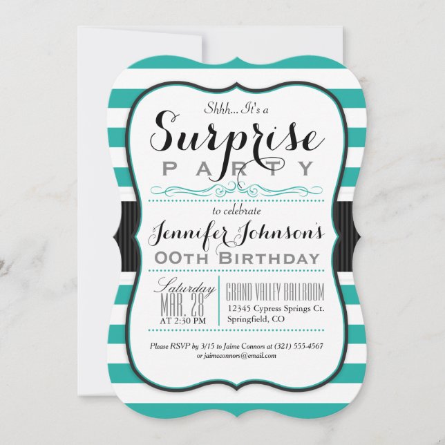 Invitation Turquoise, Turquoise & Blancs Surprise Party (Devant)