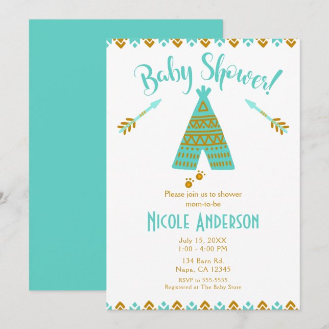 Invitation Turquoise Turquoise & Gold Tepee Baby shower moder (Devant / Derrière)