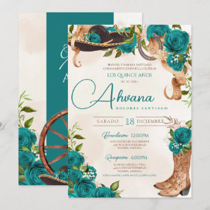 Invitation Turquoise Turquoise Quinceañera Charro Rose occide